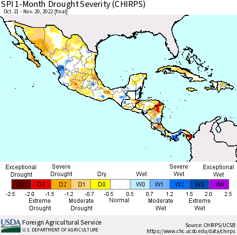 Mexico Central America and the Caribbean SPI 1-Month Drought Severity (CHIRPS) Thematic Map For 10/21/2022 - 11/20/2022