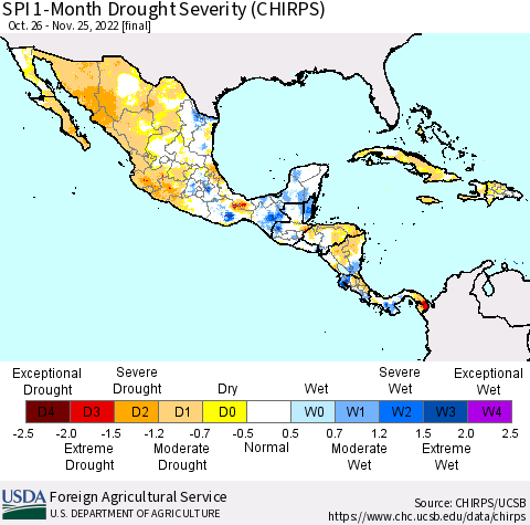Mexico Central America and the Caribbean SPI 1-Month Drought Severity (CHIRPS) Thematic Map For 10/26/2022 - 11/25/2022