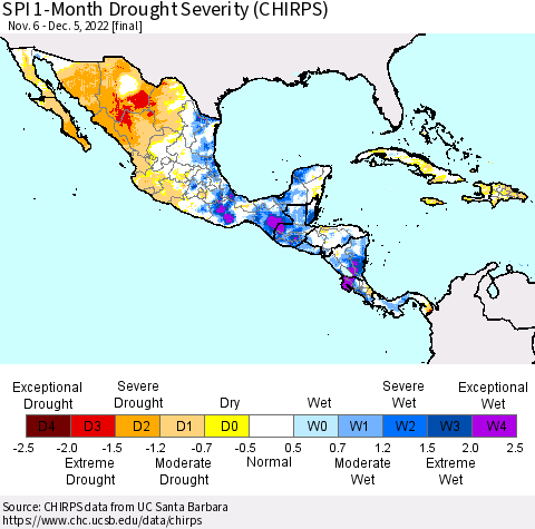 Mexico Central America and the Caribbean SPI 1-Month Drought Severity (CHIRPS) Thematic Map For 11/6/2022 - 12/5/2022
