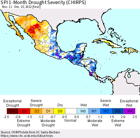 Mexico Central America and the Caribbean SPI 1-Month Drought Severity (CHIRPS) Thematic Map For 11/11/2022 - 12/10/2022