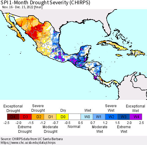 Mexico Central America and the Caribbean SPI 1-Month Drought Severity (CHIRPS) Thematic Map For 11/16/2022 - 12/15/2022