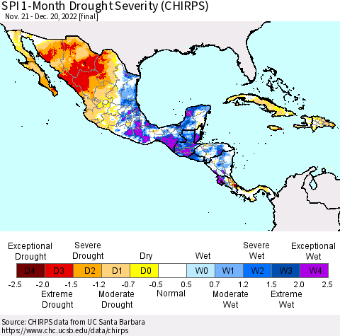Mexico Central America and the Caribbean SPI 1-Month Drought Severity (CHIRPS) Thematic Map For 11/21/2022 - 12/20/2022