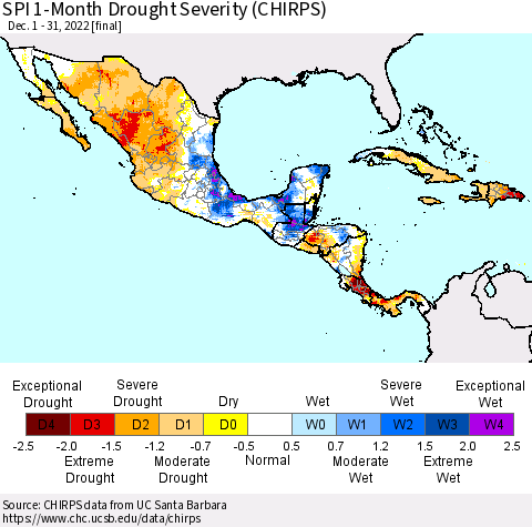 Mexico Central America and the Caribbean SPI 1-Month Drought Severity (CHIRPS) Thematic Map For 12/1/2022 - 12/31/2022
