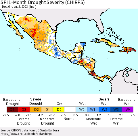 Mexico Central America and the Caribbean SPI 1-Month Drought Severity (CHIRPS) Thematic Map For 12/6/2022 - 1/5/2023