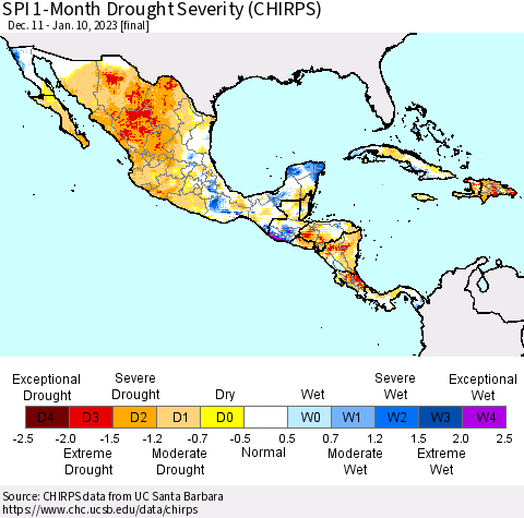 Mexico Central America and the Caribbean SPI 1-Month Drought Severity (CHIRPS) Thematic Map For 12/11/2022 - 1/10/2023