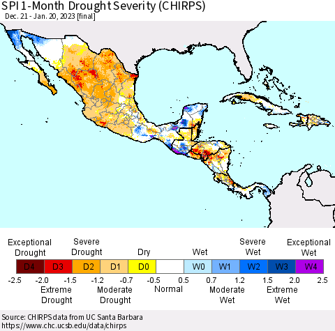 Mexico Central America and the Caribbean SPI 1-Month Drought Severity (CHIRPS) Thematic Map For 12/21/2022 - 1/20/2023