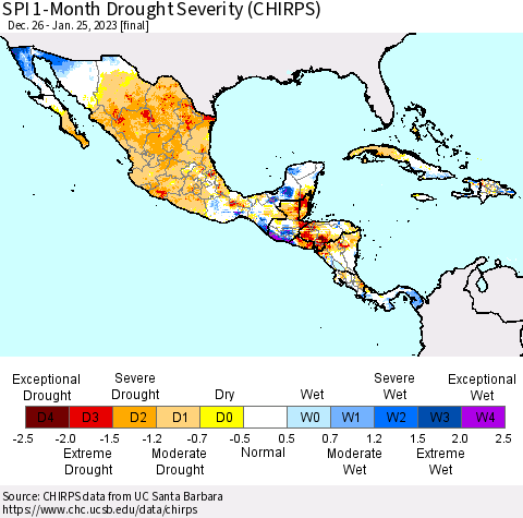Mexico Central America and the Caribbean SPI 1-Month Drought Severity (CHIRPS) Thematic Map For 12/26/2022 - 1/25/2023