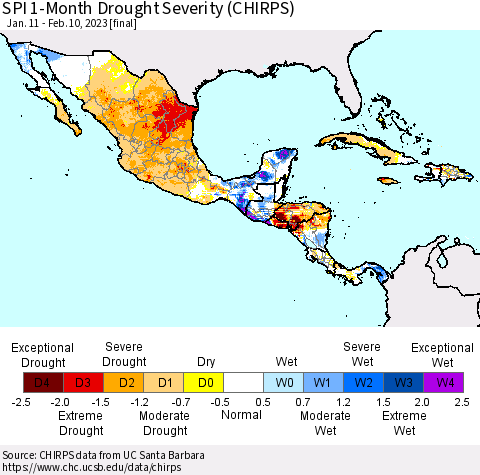 Mexico Central America and the Caribbean SPI 1-Month Drought Severity (CHIRPS) Thematic Map For 1/11/2023 - 2/10/2023