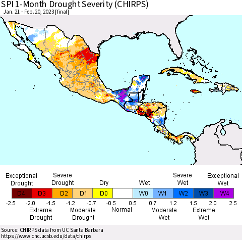 Mexico Central America and the Caribbean SPI 1-Month Drought Severity (CHIRPS) Thematic Map For 1/21/2023 - 2/20/2023