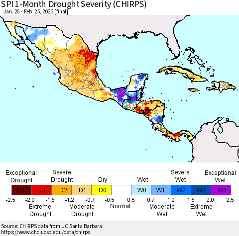 Mexico Central America and the Caribbean SPI 1-Month Drought Severity (CHIRPS) Thematic Map For 1/26/2023 - 2/25/2023
