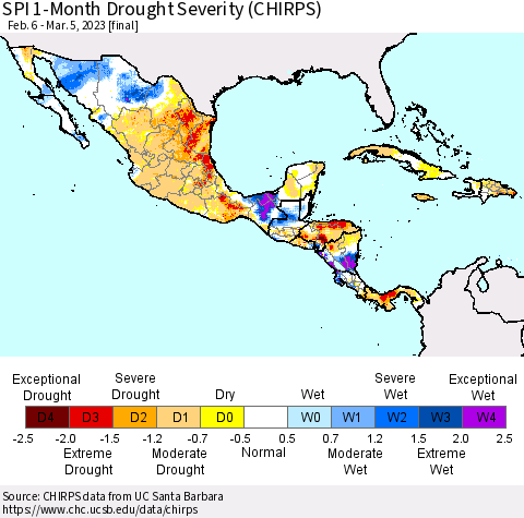 Mexico Central America and the Caribbean SPI 1-Month Drought Severity (CHIRPS) Thematic Map For 2/6/2023 - 3/5/2023
