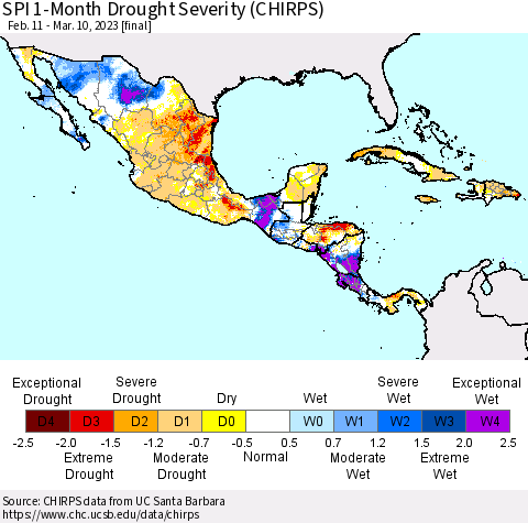 Mexico Central America and the Caribbean SPI 1-Month Drought Severity (CHIRPS) Thematic Map For 2/11/2023 - 3/10/2023