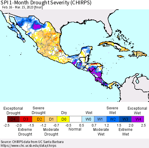 Mexico Central America and the Caribbean SPI 1-Month Drought Severity (CHIRPS) Thematic Map For 2/16/2023 - 3/15/2023