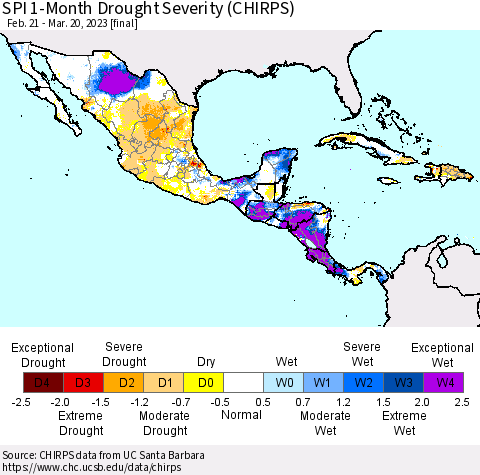 Mexico Central America and the Caribbean SPI 1-Month Drought Severity (CHIRPS) Thematic Map For 2/21/2023 - 3/20/2023