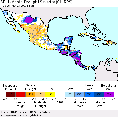 Mexico Central America and the Caribbean SPI 1-Month Drought Severity (CHIRPS) Thematic Map For 2/26/2023 - 3/25/2023