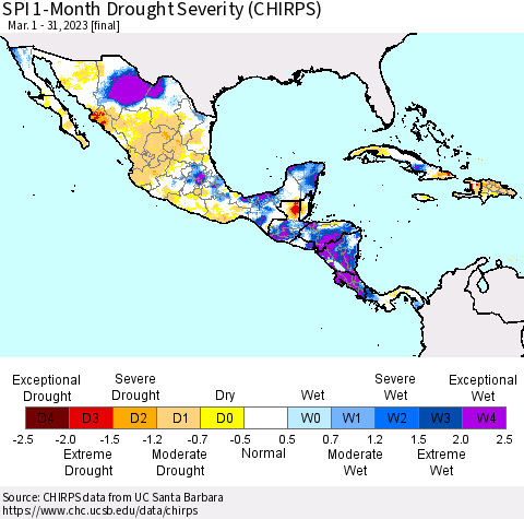 Mexico Central America and the Caribbean SPI 1-Month Drought Severity (CHIRPS) Thematic Map For 3/1/2023 - 3/31/2023