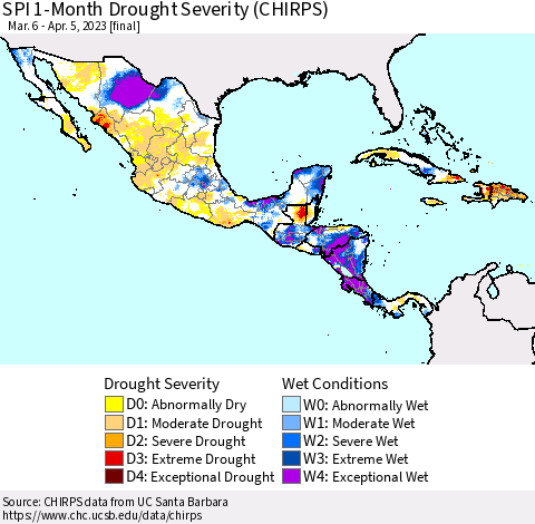 Mexico Central America and the Caribbean SPI 1-Month Drought Severity (CHIRPS) Thematic Map For 3/6/2023 - 4/5/2023