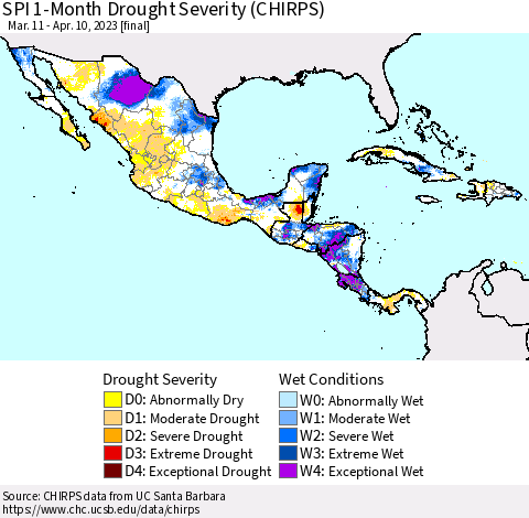 Mexico Central America and the Caribbean SPI 1-Month Drought Severity (CHIRPS) Thematic Map For 3/11/2023 - 4/10/2023