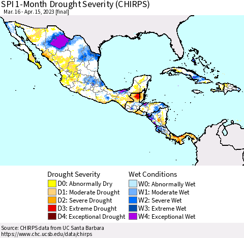 Mexico Central America and the Caribbean SPI 1-Month Drought Severity (CHIRPS) Thematic Map For 3/16/2023 - 4/15/2023