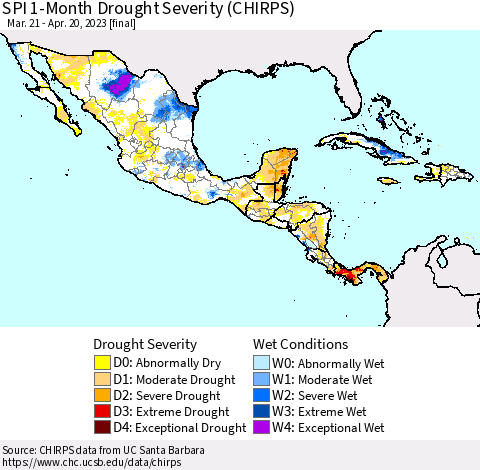 Mexico Central America and the Caribbean SPI 1-Month Drought Severity (CHIRPS) Thematic Map For 3/21/2023 - 4/20/2023