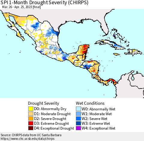 Mexico Central America and the Caribbean SPI 1-Month Drought Severity (CHIRPS) Thematic Map For 3/26/2023 - 4/25/2023