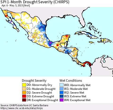 Mexico Central America and the Caribbean SPI 1-Month Drought Severity (CHIRPS) Thematic Map For 4/6/2023 - 5/5/2023
