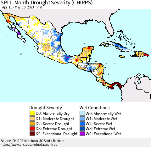 Mexico Central America and the Caribbean SPI 1-Month Drought Severity (CHIRPS) Thematic Map For 4/11/2023 - 5/10/2023