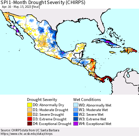 Mexico Central America and the Caribbean SPI 1-Month Drought Severity (CHIRPS) Thematic Map For 4/16/2023 - 5/15/2023