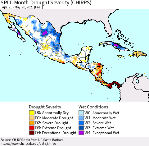 Mexico Central America and the Caribbean SPI 1-Month Drought Severity (CHIRPS) Thematic Map For 4/21/2023 - 5/20/2023