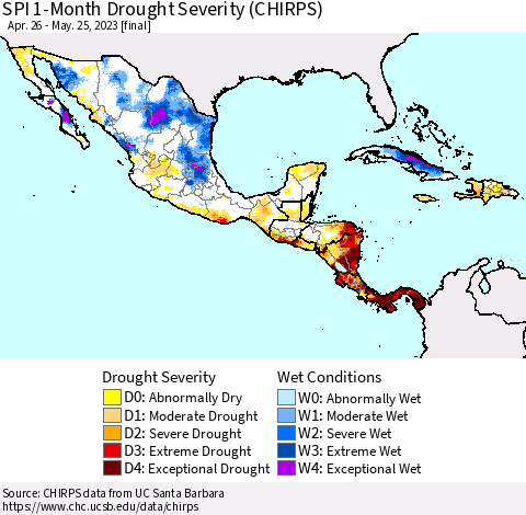 Mexico Central America and the Caribbean SPI 1-Month Drought Severity (CHIRPS) Thematic Map For 4/26/2023 - 5/25/2023