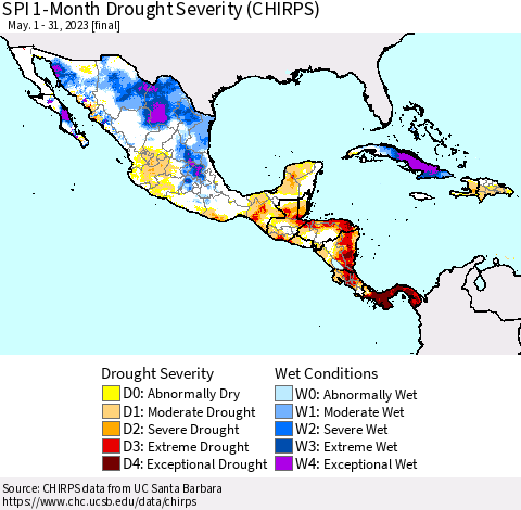 Mexico Central America and the Caribbean SPI 1-Month Drought Severity (CHIRPS) Thematic Map For 5/1/2023 - 5/31/2023