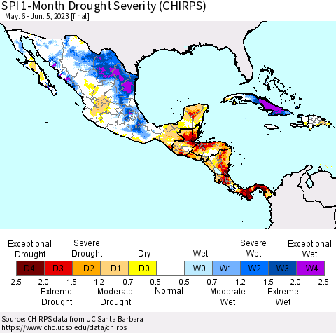 Mexico Central America and the Caribbean SPI 1-Month Drought Severity (CHIRPS) Thematic Map For 5/6/2023 - 6/5/2023