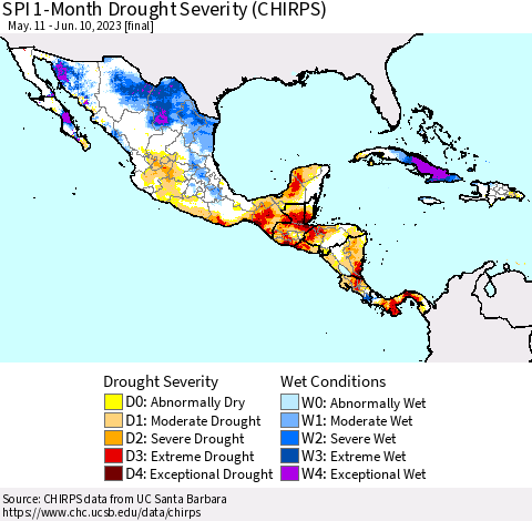 Mexico Central America and the Caribbean SPI 1-Month Drought Severity (CHIRPS) Thematic Map For 5/11/2023 - 6/10/2023