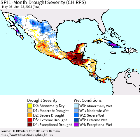 Mexico Central America and the Caribbean SPI 1-Month Drought Severity (CHIRPS) Thematic Map For 5/16/2023 - 6/15/2023