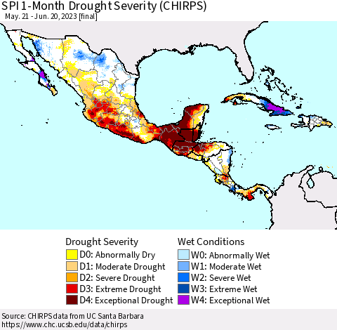 Mexico Central America and the Caribbean SPI 1-Month Drought Severity (CHIRPS) Thematic Map For 5/21/2023 - 6/20/2023