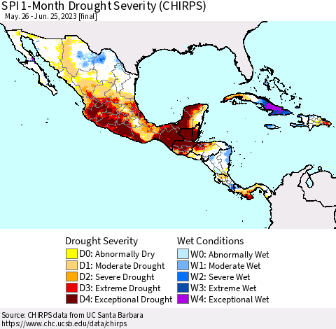 Mexico Central America and the Caribbean SPI 1-Month Drought Severity (CHIRPS) Thematic Map For 5/26/2023 - 6/25/2023