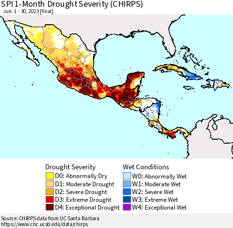 Mexico Central America and the Caribbean SPI 1-Month Drought Severity (CHIRPS) Thematic Map For 6/1/2023 - 6/30/2023