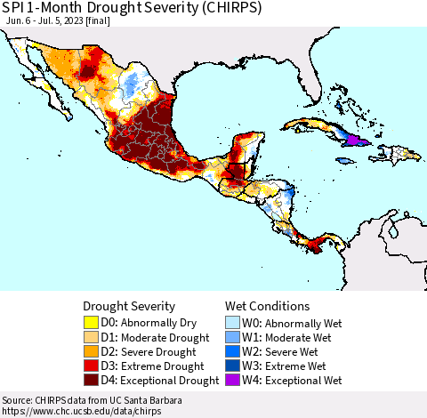 Mexico Central America and the Caribbean SPI 1-Month Drought Severity (CHIRPS) Thematic Map For 6/6/2023 - 7/5/2023