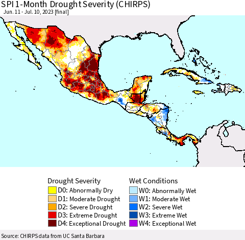 Mexico Central America and the Caribbean SPI 1-Month Drought Severity (CHIRPS) Thematic Map For 6/11/2023 - 7/10/2023