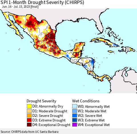 Mexico Central America and the Caribbean SPI 1-Month Drought Severity (CHIRPS) Thematic Map For 6/16/2023 - 7/15/2023
