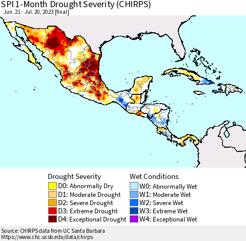 Mexico Central America and the Caribbean SPI 1-Month Drought Severity (CHIRPS) Thematic Map For 6/21/2023 - 7/20/2023