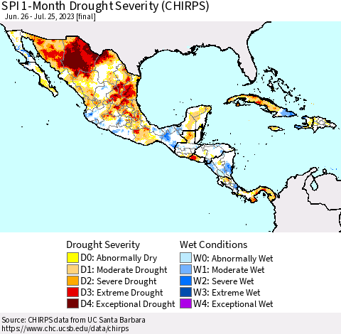 Mexico Central America and the Caribbean SPI 1-Month Drought Severity (CHIRPS) Thematic Map For 6/26/2023 - 7/25/2023