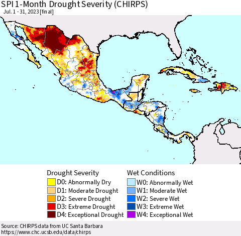 Mexico Central America and the Caribbean SPI 1-Month Drought Severity (CHIRPS) Thematic Map For 7/1/2023 - 7/31/2023