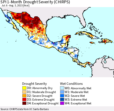 Mexico Central America and the Caribbean SPI 1-Month Drought Severity (CHIRPS) Thematic Map For 7/6/2023 - 8/5/2023