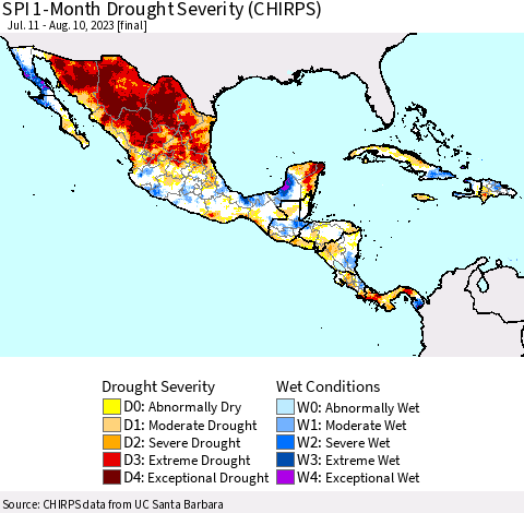 Mexico Central America and the Caribbean SPI 1-Month Drought Severity (CHIRPS) Thematic Map For 7/11/2023 - 8/10/2023