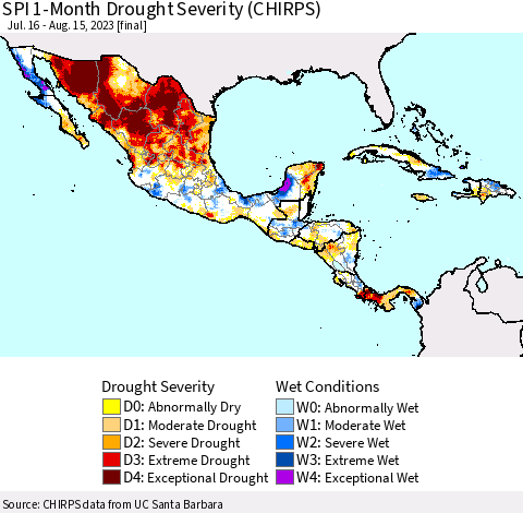 Mexico Central America and the Caribbean SPI 1-Month Drought Severity (CHIRPS) Thematic Map For 7/16/2023 - 8/15/2023