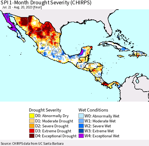 Mexico Central America and the Caribbean SPI 1-Month Drought Severity (CHIRPS) Thematic Map For 7/21/2023 - 8/20/2023