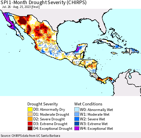 Mexico Central America and the Caribbean SPI 1-Month Drought Severity (CHIRPS) Thematic Map For 7/26/2023 - 8/25/2023