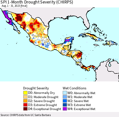 Mexico Central America and the Caribbean SPI 1-Month Drought Severity (CHIRPS) Thematic Map For 8/1/2023 - 8/31/2023