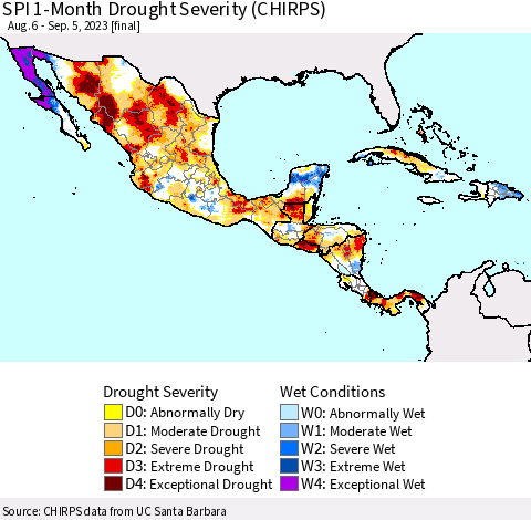 Mexico Central America and the Caribbean SPI 1-Month Drought Severity (CHIRPS) Thematic Map For 8/6/2023 - 9/5/2023